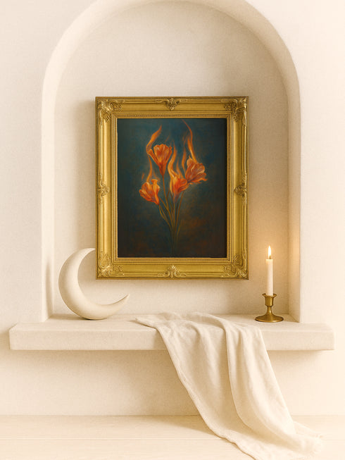 Fine art print featuring glowing orange flowers engulfed in flames, set against a deep blue textured background. Printed on archival 285gsm paper with a velvety watercolor texture. Museum-grade quality. Available in multiple sizes. Vintage-inspired ornate frames not included. Artwork evokes symbolism of transformation and inner fire.